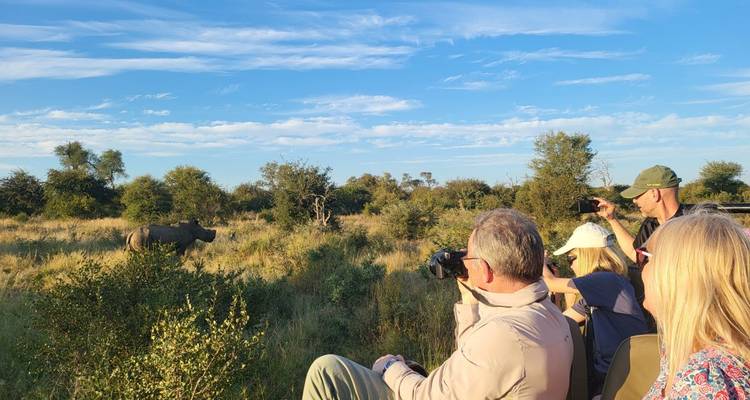 Touristen auf einer Safari, die Fotos von einem Nashorn machen.