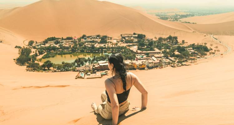 Person sitting on a sand dune overlooking an oasis in a desert setting.