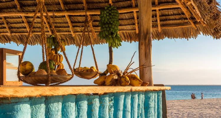 Una cabaña junto a la playa con plátanos colgantes y vista al océano.