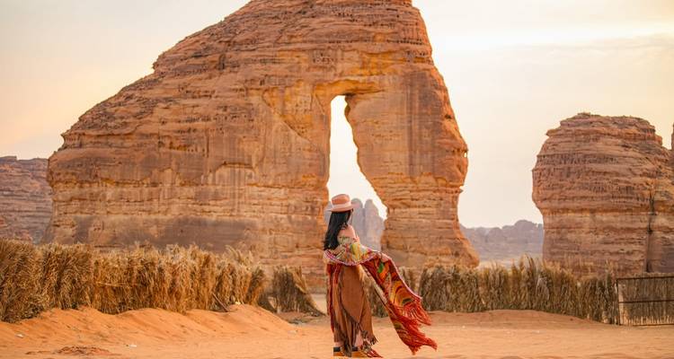Persoon die voor Elephant Rock in de woestijn staat.