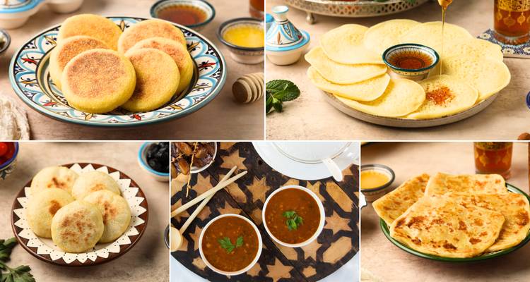 Une sélection de pain et de plats de style marocain disposés pour un repas.