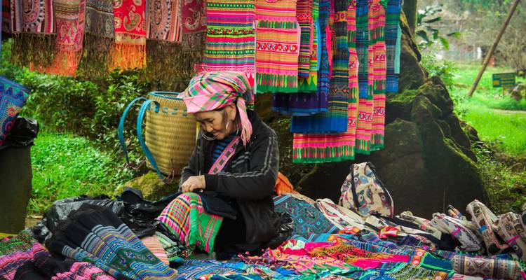 Traditionele etnische vrouw die levendige textiel naait op een kleurrijke marktcirkel in Noord-Vietnam.
