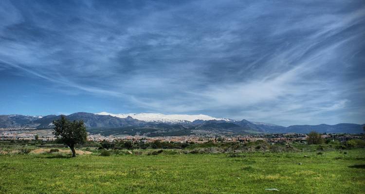 Vue de campagne avec montagnes et ville au loin.