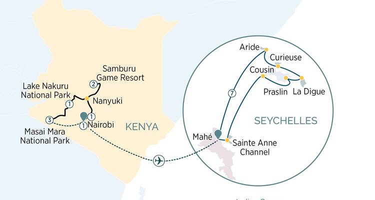 Mapa de diagrama que muestra el itinerario de safari y saltos entre islas en Kenia y Seychelles.