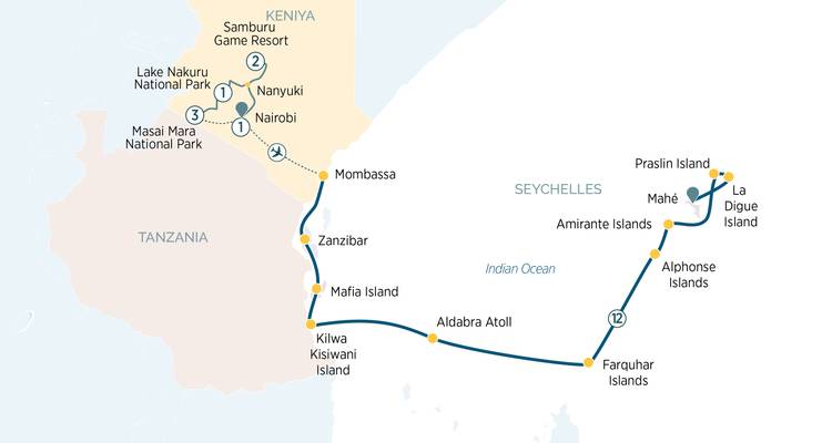 Karte, die eine Route durch Kenia und die Seychellen zeigt.