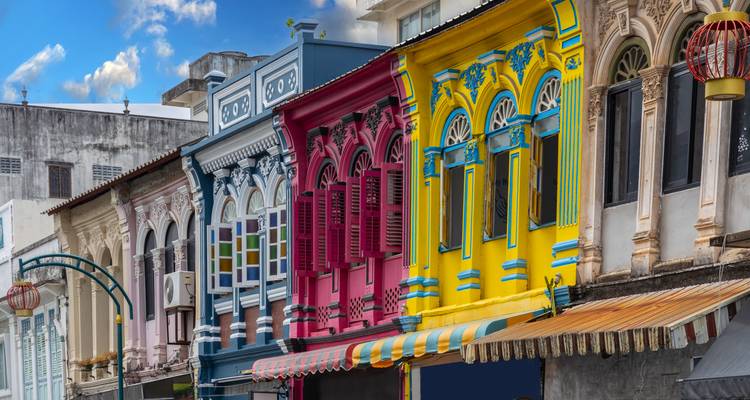 Colorful historic buildings in a city street.
