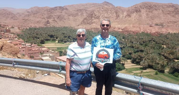 Two people overlooking a valley with a palm tree oasis.