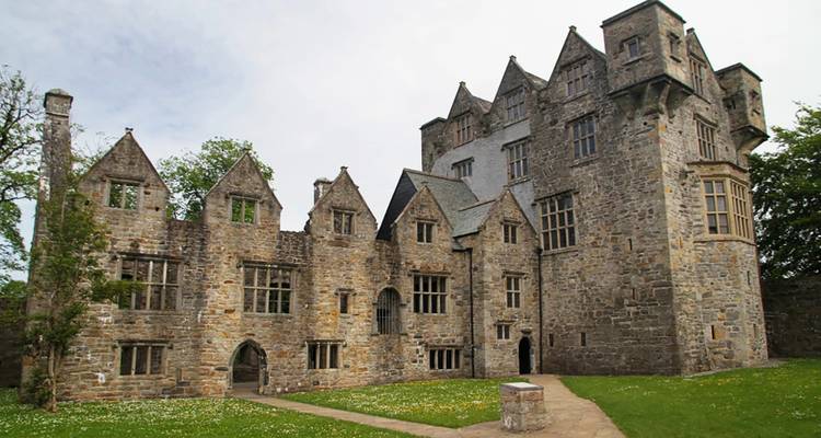 A medieval castle with a large central tower, surrounded by a grassy courtyard and old oak trees.