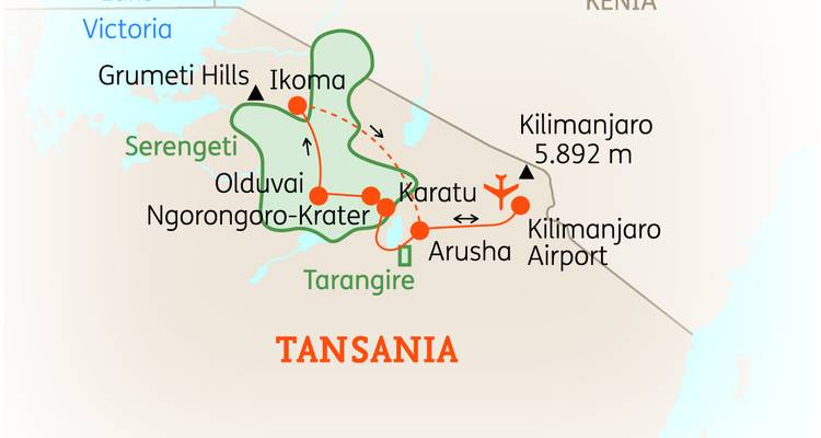 Karte von Tansania mit hervorgehobenen verschiedenen Orten.