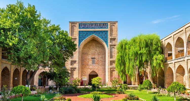 Jardin de cour luxuriant encadré par des murs de madrassa en brique voûtés et un saule sous un ciel bleu.
