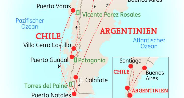 Karte von Chile und Argentinien mit Touristenrouten.