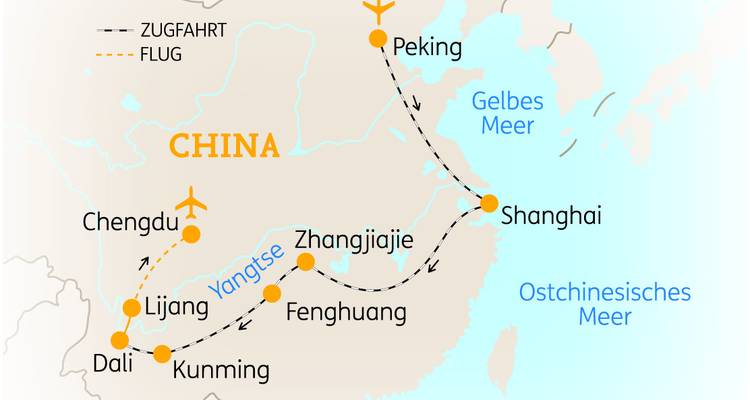 Mapa que muestra rutas de viaje en China con ciudades etiquetadas.