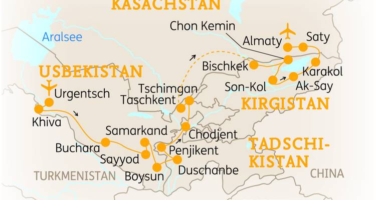 Kaart die reisroutes in Centraal-Azië toont met gelabelde steden.