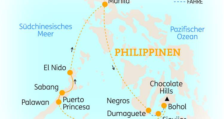 Karte mit Reiserouten auf den Philippinen mit beschrifteten Städten.