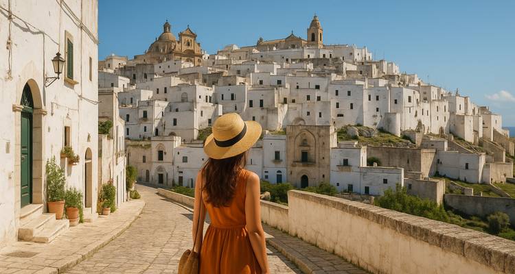 Woman in a hat standing on a cobblestone street overlooking traditional white buildings.