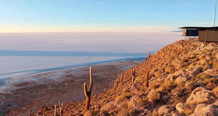 Ein Blick auf wüstenähnliches Gelände mit Kakteen und einer Struktur mit Ausblick auf eine weite Salzebene.