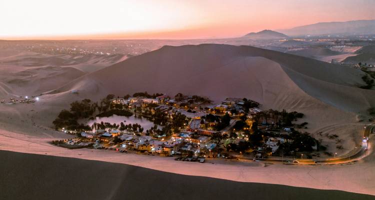 Aerial view of an oasis surrounded by dunes at sunset.