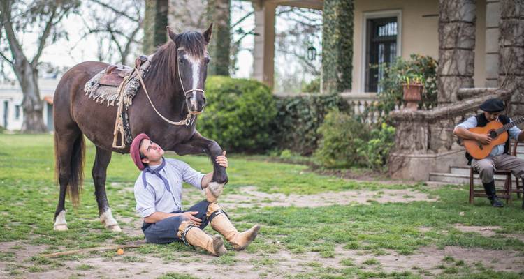 Performer gaucho assis sur l'herbe guidant un cheval pour lever sa jambe tandis qu'un musicien joue de la guitare à proximité.