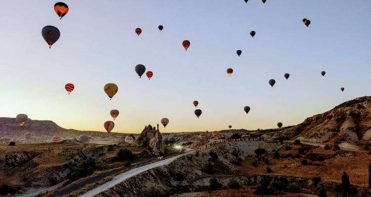 De nombreuses montgolfières au-dessus d'un paysage rocheux.
