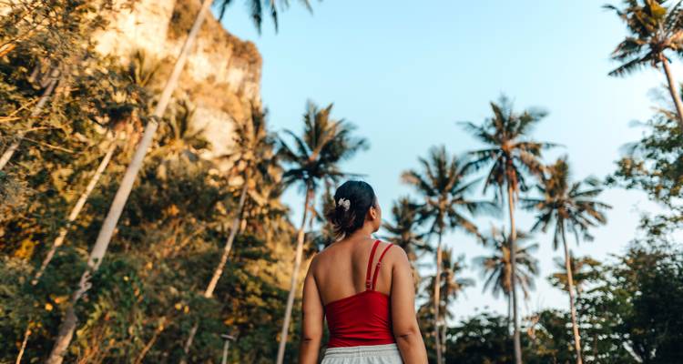 Woman in a red top standing among tall palm trees.