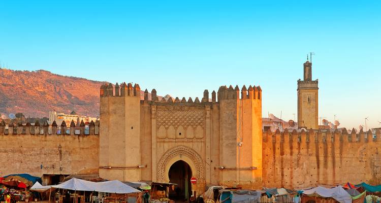 Large entrance to a historic city wall with arch and tower.