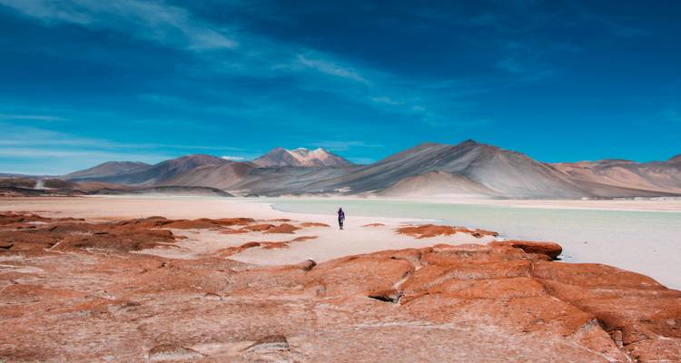 Uitgestrekt woestijnlandschap met bergen op de achtergrond.
