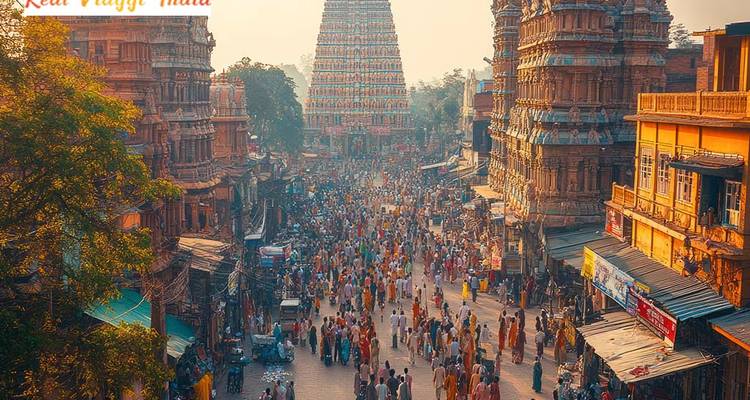 Eine belebte Straße mit einem hohen Tempel-Gopuram.