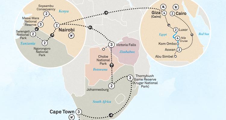 Carte détaillée montrant les itinéraires de voyage à travers divers parcs et villes d'Afrique.