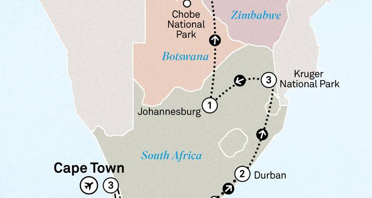 Map illustrating a travel itinerary in Southern Africa.