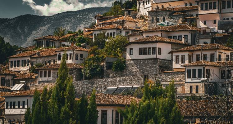 Casas otomanas de piedra rústica y encaladas apiladas en una ladera rodeadas de vegetación en Berat