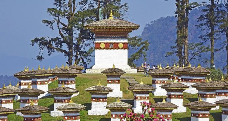 Ein Berghang bedeckt mit einer Ansammlung von Stupas, umgeben von Bäumen und Bergen im Hintergrund.