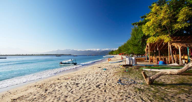 Sandy beach with clear waters and boats, surrounded by trees.