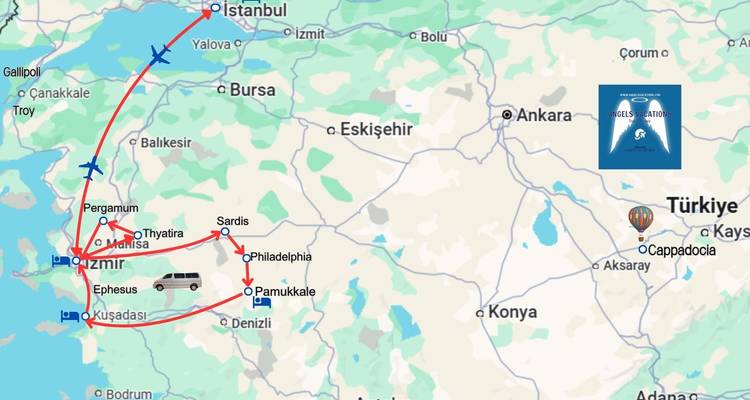 Carte montrant un itinéraire de voyage en Turquie.