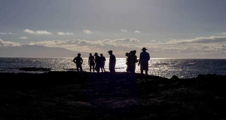 Silhouette of tourists against the sun with the ocean in the background.