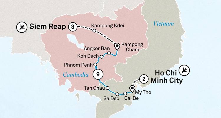 Carte montrant un itinéraire de voyage à travers le Cambodge et le Vietnam.