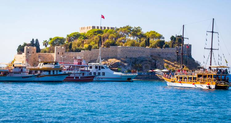 Barcos en un puerto con una fortaleza al fondo.