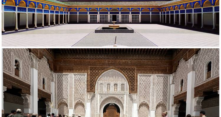 Comparación de patio con fuente y paredes intrincadamente talladas.