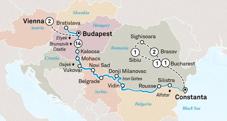Donau naar Zwarte Zee kaart van Wenen en Boedapest naar Constanța via meerdere Balkan havens.