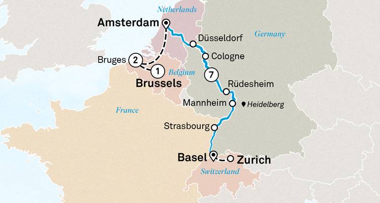 Mapa del crucero por el Rin desde Ámsterdam hasta Basilea con extensión a Bruselas