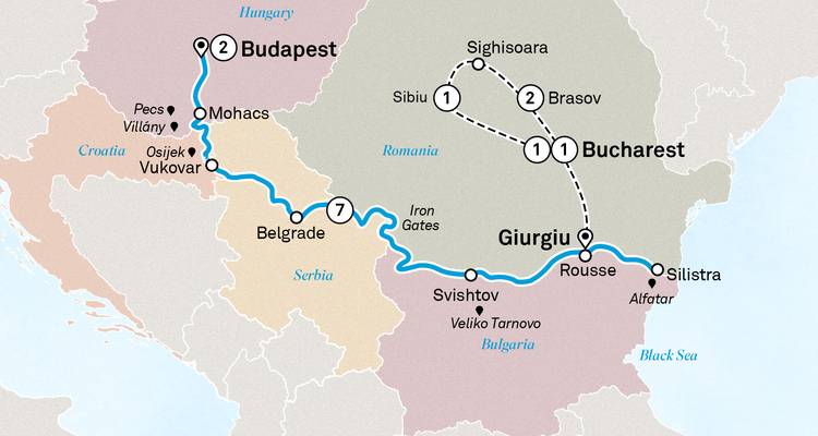 Mapa del Bajo Danubio mostrando la ruta de Budapest a Silistra con puertos búlgaros.