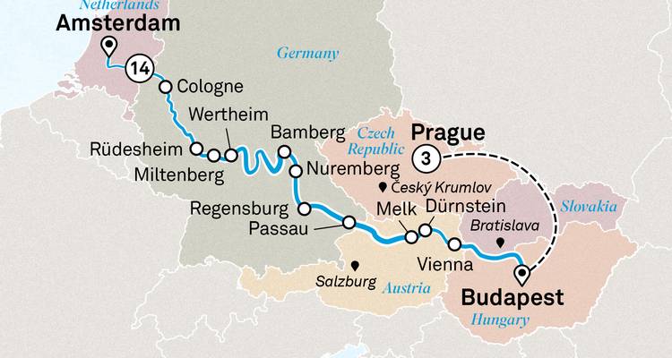 Amsterdam-Budapest Kreuzfahrtkarte mit Prag Landverlängerung und Dürnstein-Besuch.
