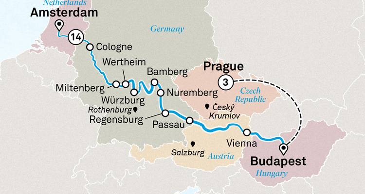 Mapa de itinerario europeo destacando la extensión de Praga en un crucero de Ámsterdam a Budapest.
