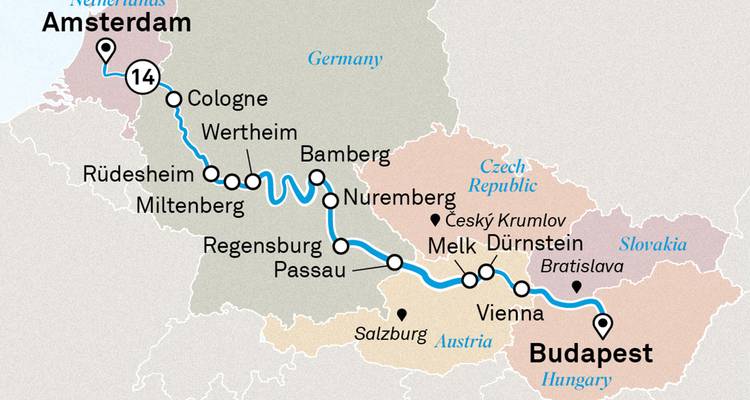 Karte mit detaillierter Kreuzfahrt von Amsterdam nach Budapest über Donau und Main.