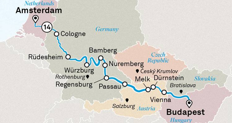 Mapa de crucero de Ámsterdam a Budapest con excursiones a Salzburgo y Cesky Krumlov.