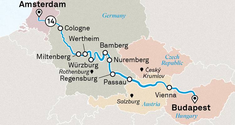 Mapa del crucero Ámsterdam-Budapest destacando las paradas en Wertheim y Passau.
