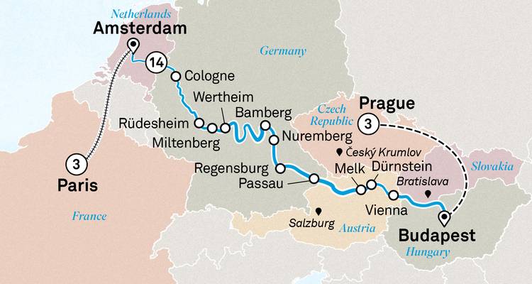 Mapa detallado de crucero que conecta París, Ámsterdam y Budapest a través del Rin y el Danubio con extensión a Praga.