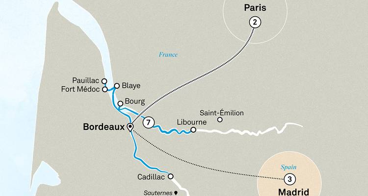 Mapa que conecta crucero de vinos de Burdeos con París y tren posterior a Madrid.
