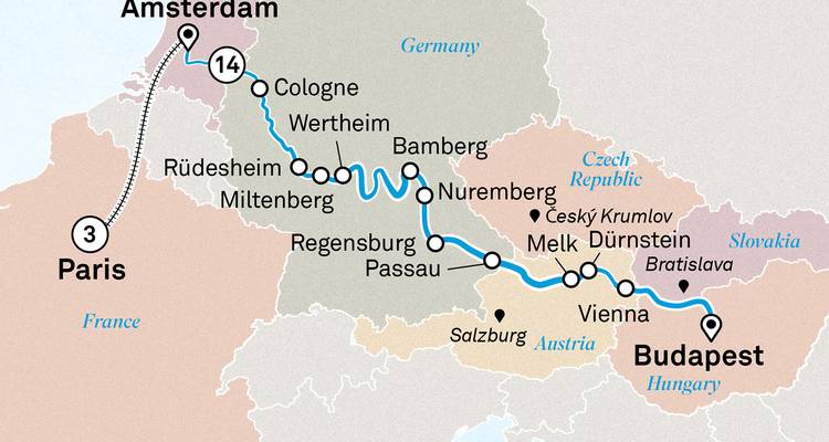 Parijs-Amsterdam-Boedapest cruise kaart variant met Keulen en Wenen.