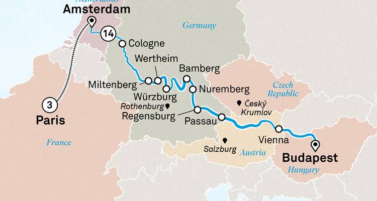 Routekaart die een Parijs-Amsterdam-Boedapest riviercruise reisroute door West- en Centraal-Europa weergeeft.