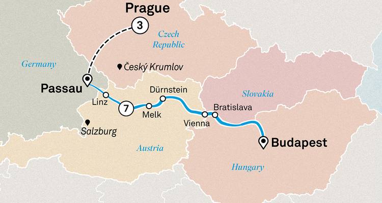 Mapa de crucero por el Danubio entre Passau, Bratislava y Budapest con extensión a Praga